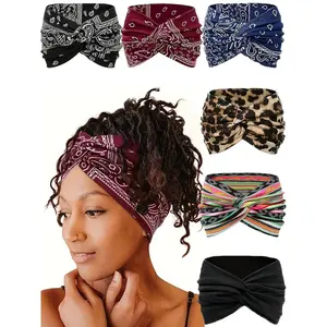 3pcs Boho Cross Knot Wide Headband for Women, Leopard & Paisley Print, Non-Slip Soft Stretch Turban, Fashion Hair Accessory