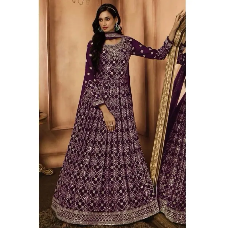Wine Size 42 Georgette Resham Work Party Wear Gown With Dupatta - Sequins Thread-work Embroidery for Special Occasions