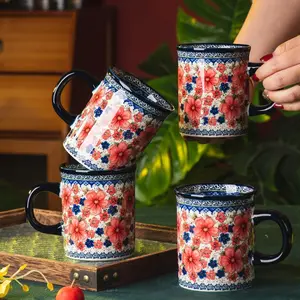 Hand-Painted Ceramic Latte Mug Drinkware 15.5oz, Microwave & Dishwasher Safe, Modern Retro Design for Tea, Milk, Cocoa, Snow & Plum