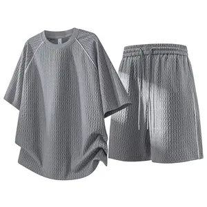 Daily Commute Polished Fine 3D Grid Textured Crew Neck Short Sleeve Garment With Matching Relaxed Drawstring Waist Bottom Premium Skin-Friendly Soft Emboss Fabric Breathable All Season Complete Matching Two Piece Outfit