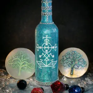 Simbi Dlo Sacred Bottle Set | Handmade Spiritual Decor | Water Spirit Altar Piece | Tree of Life Coasters | Energy Healing Gift
