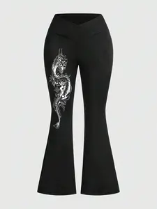 Women's Slim baggy leggings, High Waisted Legging, Cross Waist, Waist Cinching, Dragon Graphic Print, Comfortable Casual Pants, Fashionable Daily Wear
