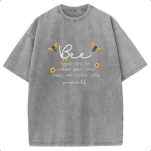 Sunland 100% Cotton Bee Humble Kind Fun Confident Brave Happy Yourself Cute Little Bee Daisy Flower Graphic Vintage Acid Washed Crew Neck Short Sleeve Soft Breathable Comfortable Casual Daily Work Wear Unisex T-Shirt For Men Women