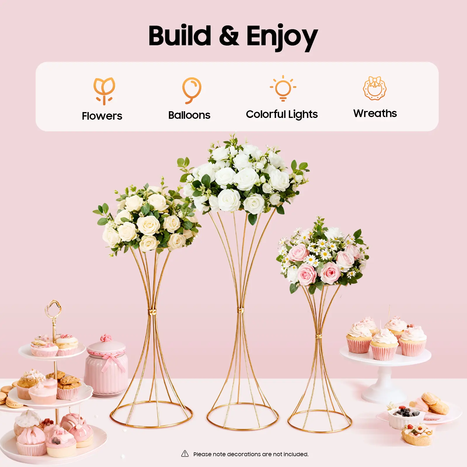 3Pcs Electroplated Iron Gold Metal Hourglass Flower Standing Decorations - Boxed Set, Faux Floral Bouquet Centrepieces, Festive Decorative Wedding Home DIY Accents