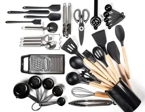 34-Piece Silicone Kitchen Utensil Set - Heat Resistant & Non-Stick Cooking Tools!  Complete Red Kitchen Gadget Kit - Wooden Handle Utensils for All Your Cooking Needs  All-in-One Silicone Cookware Set - 34 Pieces to Upgrade Your Kitchen!