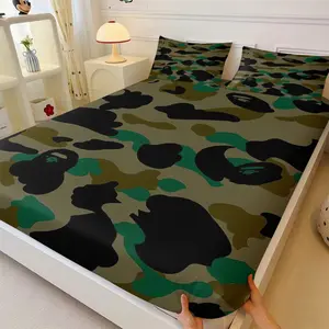3Pcs Streetwear Camo Cartoon Monkey Fitted Sheet Set with 2 Pillowcases, Camouflage with Classic Cartoon Monkey Pattern, Soft Comfort Deep Pocket Mattress Protector, Fresh Color-Blocking Bedroom Decor Gift for Streetwear Fans