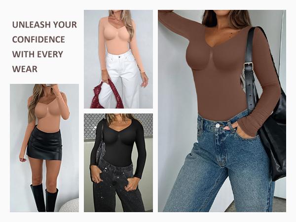 FeelinGirl Womenswear Seamless Long Sleeve Thong Bodysuit for Tummy Control V Neck Going Out Fabric Comfortable Deals For You Days