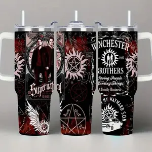 1 Piece Lyrichard 40 oz < Supernatural >   TV Series Inspired Thermos Cup - Retro Winchester Brothers Design (With Handle, Leak-Proof Double-Wall Insulation, Can Keep Drinks Hot or Cold for a Long Time, 304 Stainless Steel Travel Cup