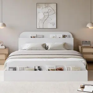 White Queen Size Bed Frame, Wooden Beds with Storage Headboard and Raised-Foodboard, Queen-Floor Low Platform Bed for Bedroom, Sturdy Wooden Slats Support, No Box Spring Needed