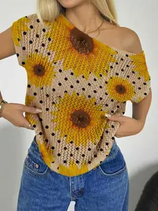 Women's Summer Knit Top, Womenswear, Asymmetrical Neck, Batwing Sleeve, Sunflower Print, Beachwear, Bikini Cover-Up, Casual Fashion
