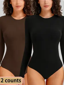 1/2 Counts Women's Solid Round NeckShapewea Bodysuit, Body Shaping Underwear, High Compression Bodysuits, Casual Comfort Long Sleeve Slimming Bodysuit, Women's Thermal Long Sleeve Bodysuit, Fabric Comfortable