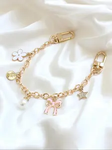 Floral Bow Pearl Bag Chain Pendants, Gold Curb Chain Charms with Pink Flower & Star Charms, Sweet Coquette Bag Decoration Keychain, Cute Girly Bag Pendant for Backpack Purse, Ideal for Fashion Girls & Spring Lovers