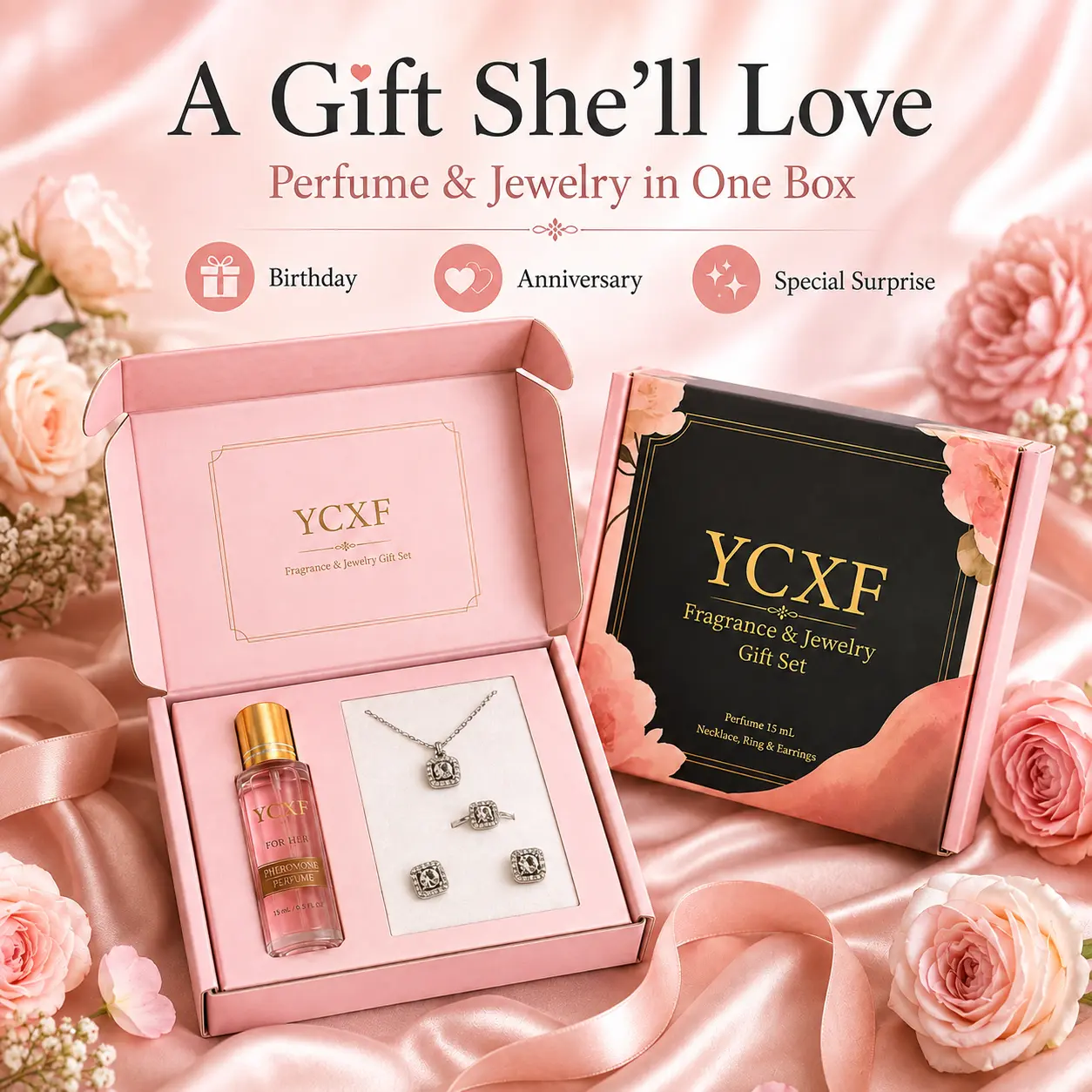 Luxury Pheromone Roll-On Perfume & Jewelry Set Bundle - Necklace, Ring, Stud Earrings Portable All-in-1 Kit, Floral Scent Premium Gift for Ladies for Dating, Birthday