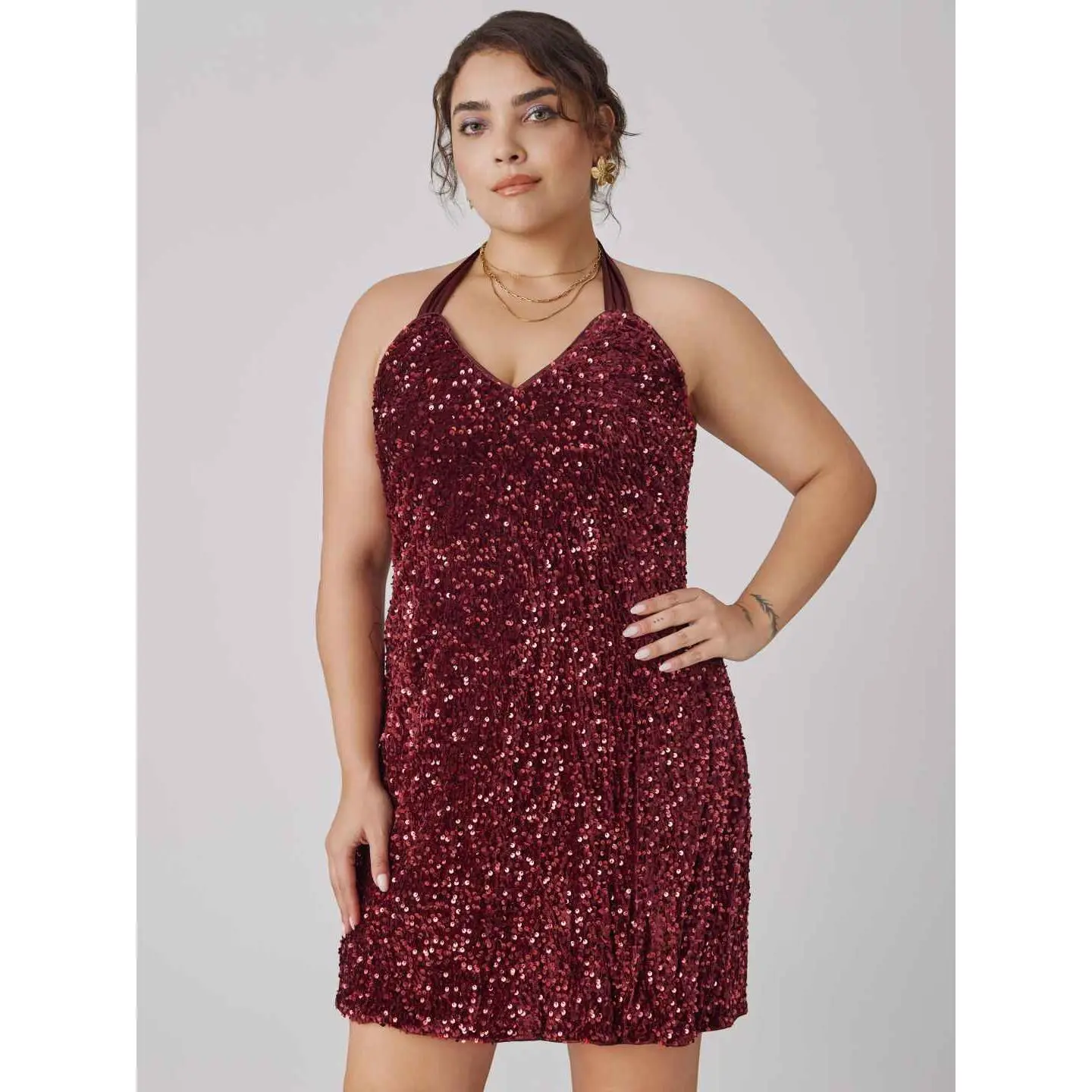 Cider [size 0-26] Sequin V-neck Halter Mini Dress Curve & Plus