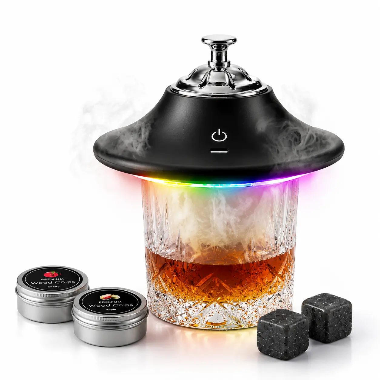 UFO Cocktail Smoker Kit with LED Lights, Colorful Reusable Glass-Wood Home Bar Accessory, Complete Gift-Ready Set for Whiskey Fans, Party Use