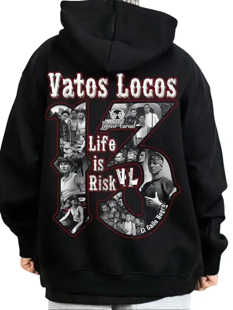 Number 13 Graphic Vatos Locos Forever Life Is Risk Design, Chicanos Cholo Mexican Style Streetwear Tops, Oversized Casual Sweatshirt T-Shirt