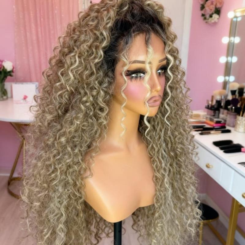 Kinky Curly Lace Front Wig Ombre Brown Roots Ash Blonde Synthetic Wig 13x4 Hd Lace Front Wigs Blonde Deep Wave Synthetic Lace Front Wigs for Women for Daily Party Cosplay Use Suitable for Daily Wear and Professional Performances Alike