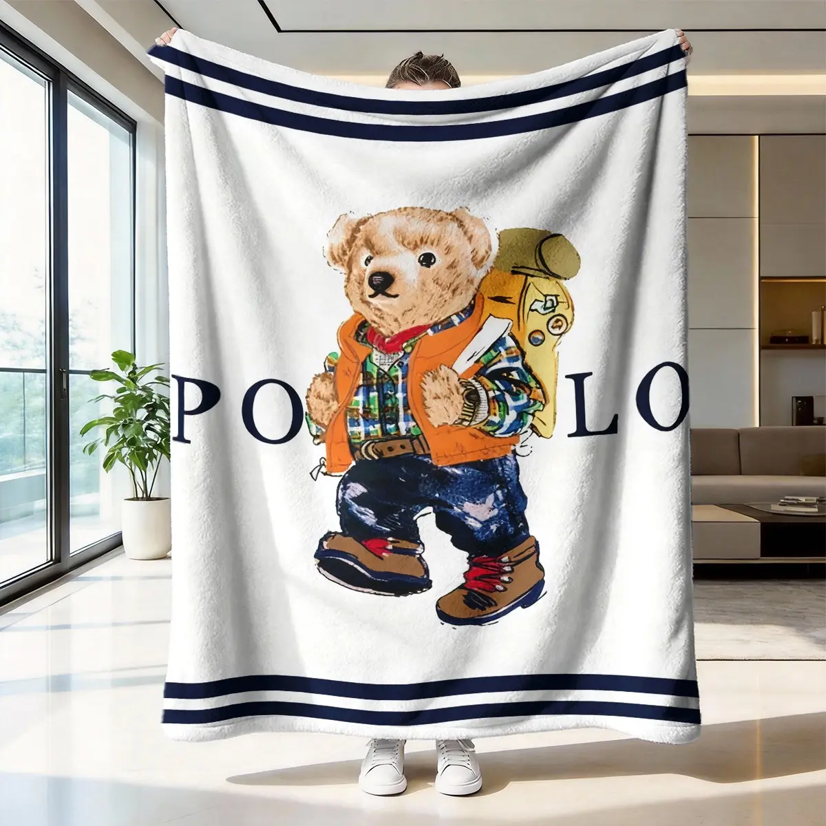 Trendy Cute Bear Flannel Blanket - Soft, Cozy Hugs, Thick Heavyweight Plush Throw in Neutral Shades, Glam Modern Home Decor for Couch & Bed, Ideal Gift for Fashion Lovers, Suitable for Home & Travel, Pill-Free Fabric