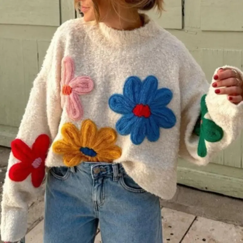 Women's Floral Pattern Long Sleeve Loose-Fit Knitted Cardigan, Casual Fall Winter Outerwear, Drop Shoulder Pullover for Ladies