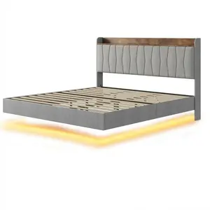 Garvee Floating Bed Frame King, Platform Bed with LED Lights & Headboard, Upholstered Bedframe with Charging Ports and Wood Slats, No Box Spring Needed, Easy Assembly, Gray
