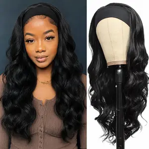 Glueless Headband Wig Long Black Body Wave Headband Wigs for Black Women Synthetic Natural Looking Wavy Wig Heat Resistant 180% Density (26inch, 1B#)