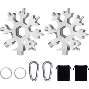 Snowflake Multitool, 2 count 18-in-1 Stainless Steel Snowflake Standard Multitool, Snowflake Wrench with Key Ring, Carabiner Clip and  Bag ()