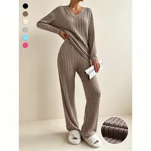 Women's Solid Drop Shoulder Lounge Set – Casual V-Neck Long Sleeve Top & Straight Leg Pants Two-Piece Sleepwear for Spring & Fall Loungewear Pajama Womenswear Homewear Pjs