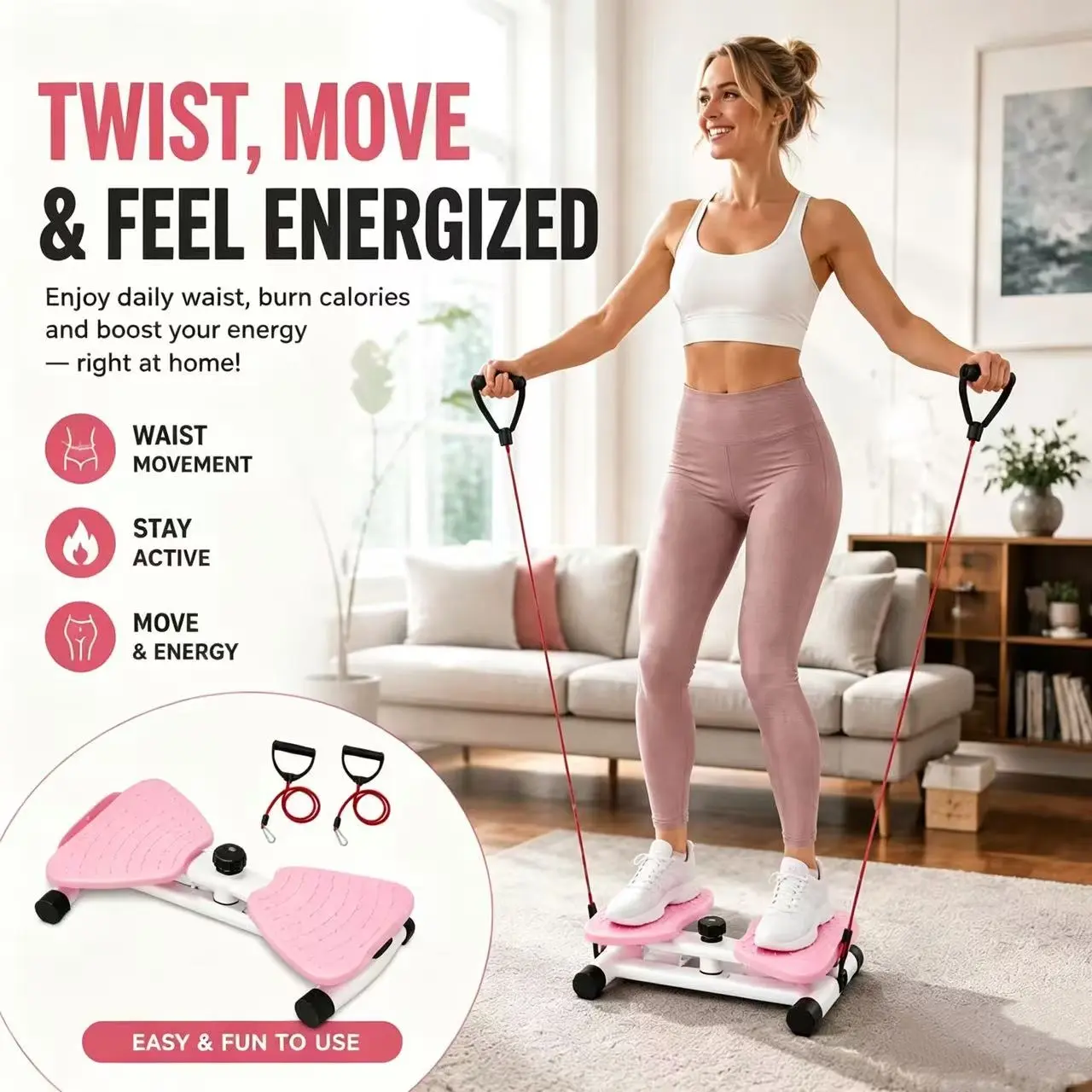 Adjustable Twist Board Trainer with Elastic Resistance Band, Compact Home Movement Device with Non-Slip Platform, Smooth Rotation System for Beginners, Family Use and Everyday Activity