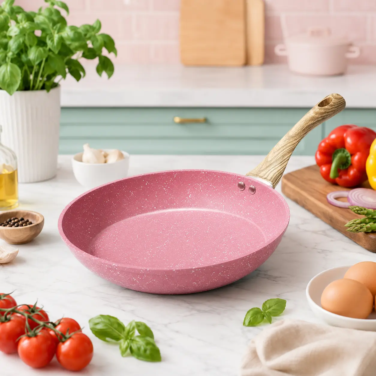 8-Inch Pink Nonstick Frying Pan for Eggs, PFOA-Free Stone Coating Skillet, Induction Compatible