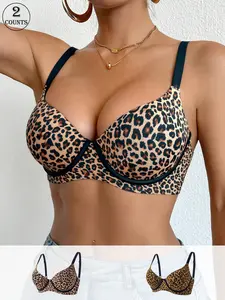 2 Piece Women's Leopard Print Push-Up Bra – Underwire with Non-Removable Padding, Thin Adjustable Straps – Multi-Tone Leopard Patterns – Suitable for Daily/Date/Commute & More Scenarios