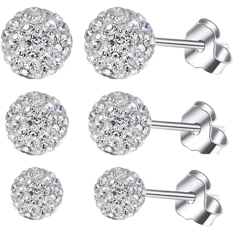 Crystal Disco Ball Stud Earrings Set for Women, 3 Pairs in Assorted Sizes (6/8/10mm), Hypoallergenic 925 Sterling Silver Post Jewelry, Fashionable Earrings, Stud Earring Jewelry