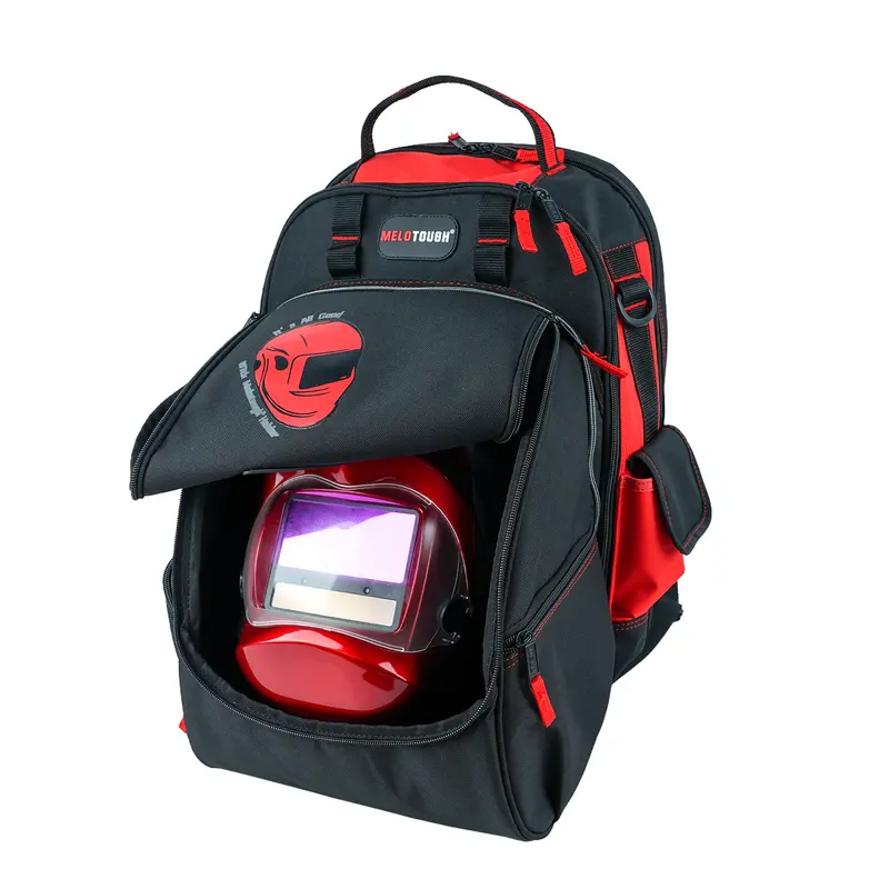 MELOTOUGH Heavy Duty Tool Bag for Welders - Military Grade External Fabric, Detachable Removable Helmet Bag, Adjustable Shoulder Strap, Multi-Functional Hammer Holder, Padded Electronic Storage Sleeve, 3 Large Open Pockets