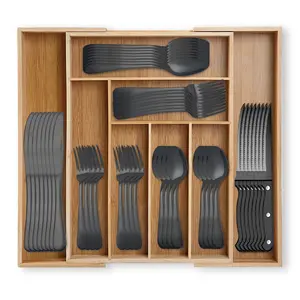48PCS Modern Stainless Steel Cutlery Set with Steak Knives + Adjustable Bamboo Drawer Organizer – Dishwasher Safe Flatware Set for Home, Kitchen, Restaurant, Parties, Weddings & Holiday Tableware Storage Solution
