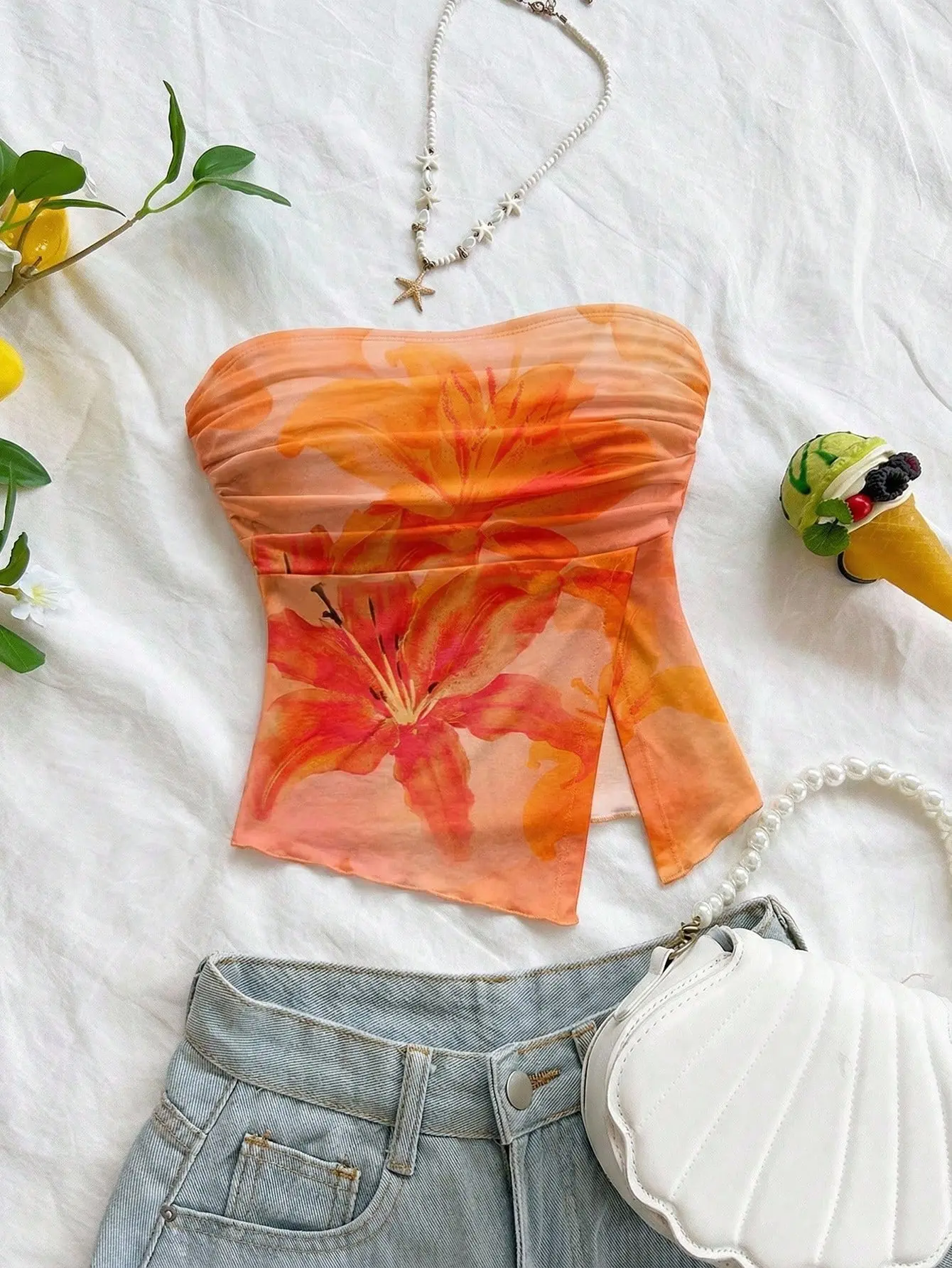 VYNCE Women's Elegant Orange Floral Pleated Tube Top Summer Boho Holiday Vacation Style Backless Commuter Top For Parties Dates & Beach
