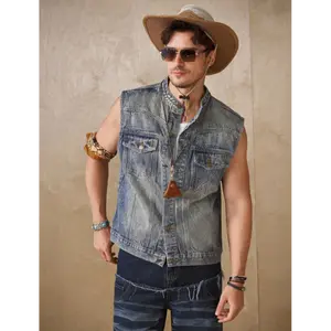 Street wear Y2K retro blue men's denim jacket trendy brand high street versatile short sleeved vest outdoor casual men's jacket