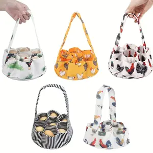 Country-Style Fabric Egg Basket with handle & seven pockets. Open-top chicken design egg collector for hens, ducks, geese. Convenient carry bag for garden, home, kitchen & shelf storage.