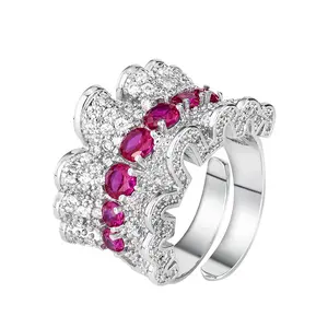 Luxury Ruby Red/Blue CZ Double Layer Open Ring gold-plating skirtdesign for Women Statement Ring  Adjustable Cocktail Ring Jewelry Gifts for Women