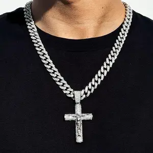 MaxBling81 Hip Hop Silver-Plated Jesus Crucifix Cross Charm Necklace, 13mm Iced Cubic Zirconia Cuban Chain Link Jewelry (18"-30") for Men, Daily/Birthday Use, Exquisite Chain Jewelry, Trendy Charm Necklaces