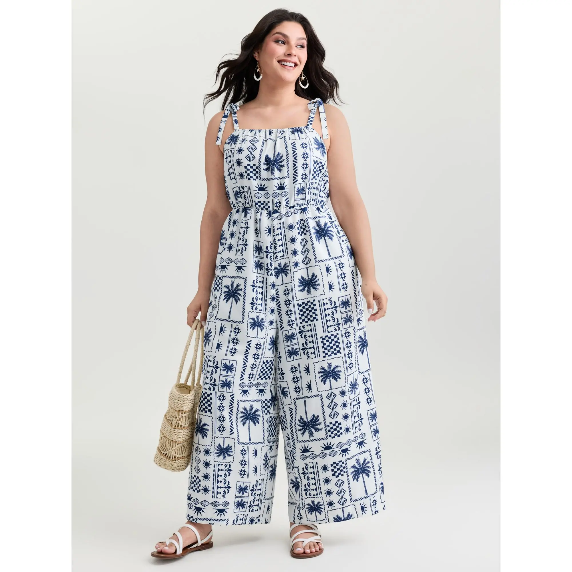 BloomChic Plus Size Bohemian Tropical Print Jumpsuit, Sleeveless Wide-Leg Maxi with Shoulder-Knot Detail and Pockets for Summer, Overalls, Plus Size Fashion, Fitted, Fabric, Sleeveless Cut Frees Your Arms, Shoulder-Knot Detail Adds Boho Charm, Maxi Length