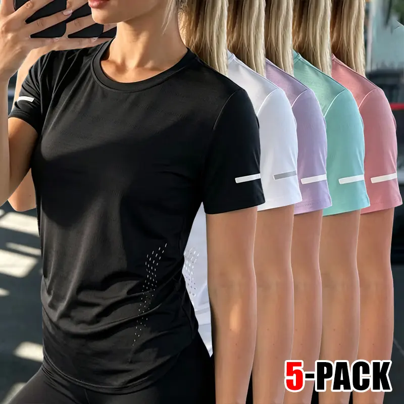 Women’s Summer 5-Pack Quick-Dry Short-Sleeve T-Shirts - Crew Neck, Perforated Mesh, Slim-Fit Athletic Basic Tee with Reflective Stripes, Workout Tops, Gym Clothes for Women, Shirts for Active Use,sohochic
