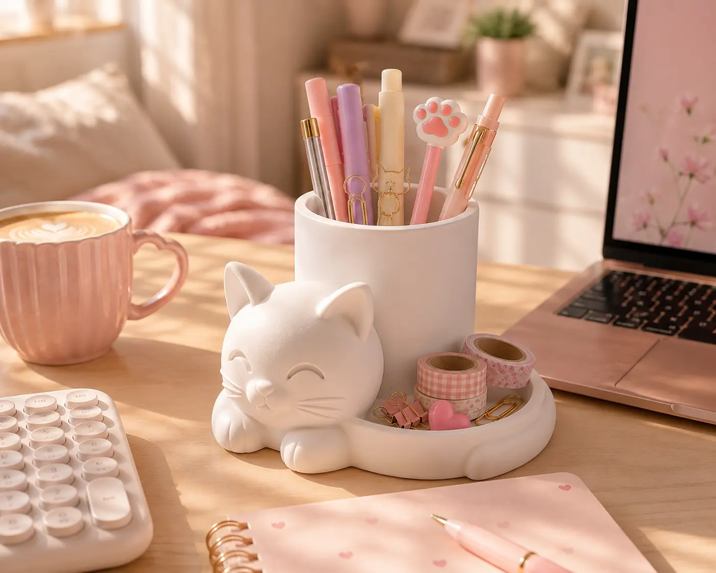 Kawaii Sleepy Cat Desk Organizer with Tray - Fun Desk Supplies, Office Supplies, Pen Holder for Stationery Storage, Pencil Holder, Office Desk Accessory