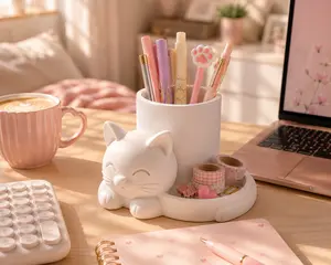 Cute Sleepy Cat Desk Organizer  | Kawaii Pen Holder + Tray | Aesthetic Desk Decor