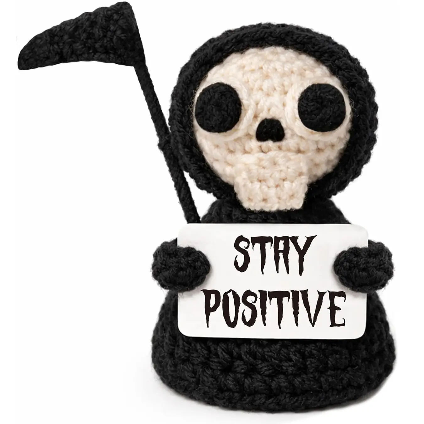 Funny Gothic Grim Reaper Crochet Plush - Spooky Cute Office Decor & Dark Humor Gift - Stay Positive Sarcastic Easter Basket Stuffers Egg Fillers Essentials for Coworker Friend White Elephant Adult