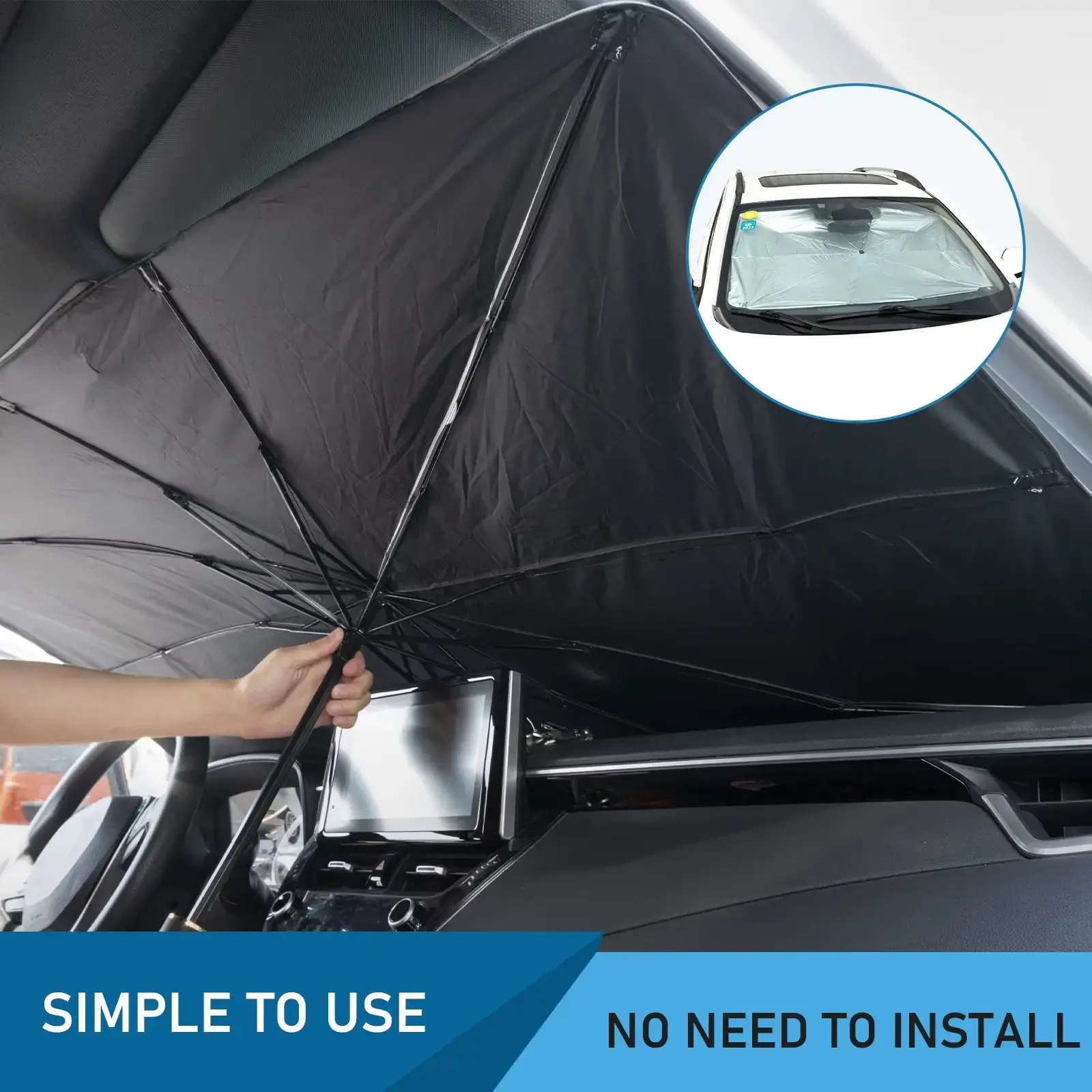 Car Windshield Sun Shade Umbrella, Foldable Front Window Sun Visor Cover, Heat Insulation UV Ray Block Protector, Easy to Use No Installation Required, Universal Auto Interior Sun Shield for All Vehicles