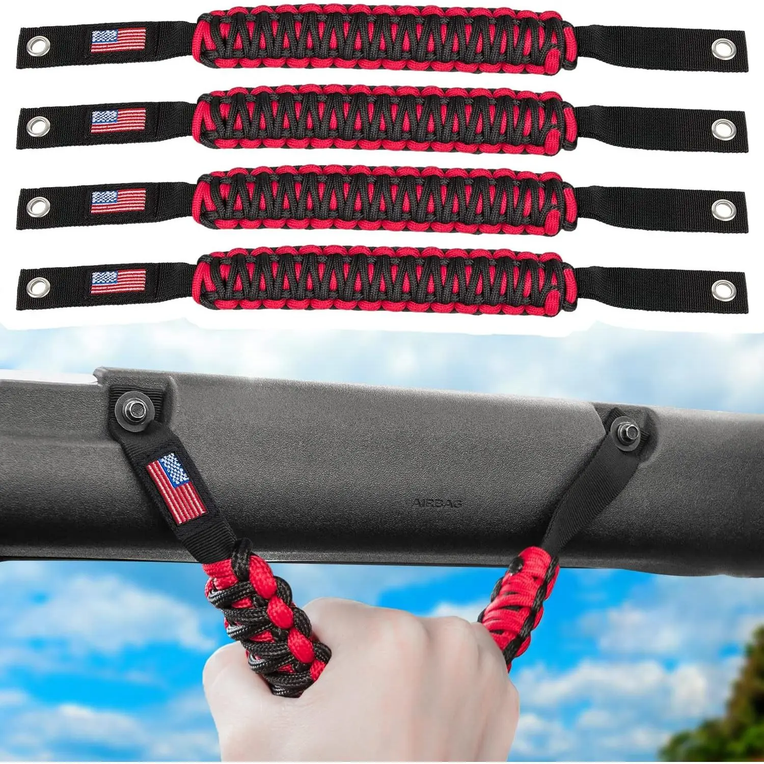 Roll Bar Grab Handles Paracord Grip Handle for Ford Bronco 2021 2022 2023 2024 2-Door 4-Door Interior Accessories Premium Paracord US Flag (Red 4 Pack), 4 Handles