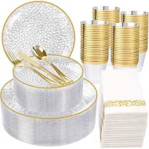 350 Pcs Clear Gold, Hammered Disposable Dinnerware, Clear-Gold Set Include 100 Platos, 150 Gold Disposable Silverware, 50 Cups And 50 for