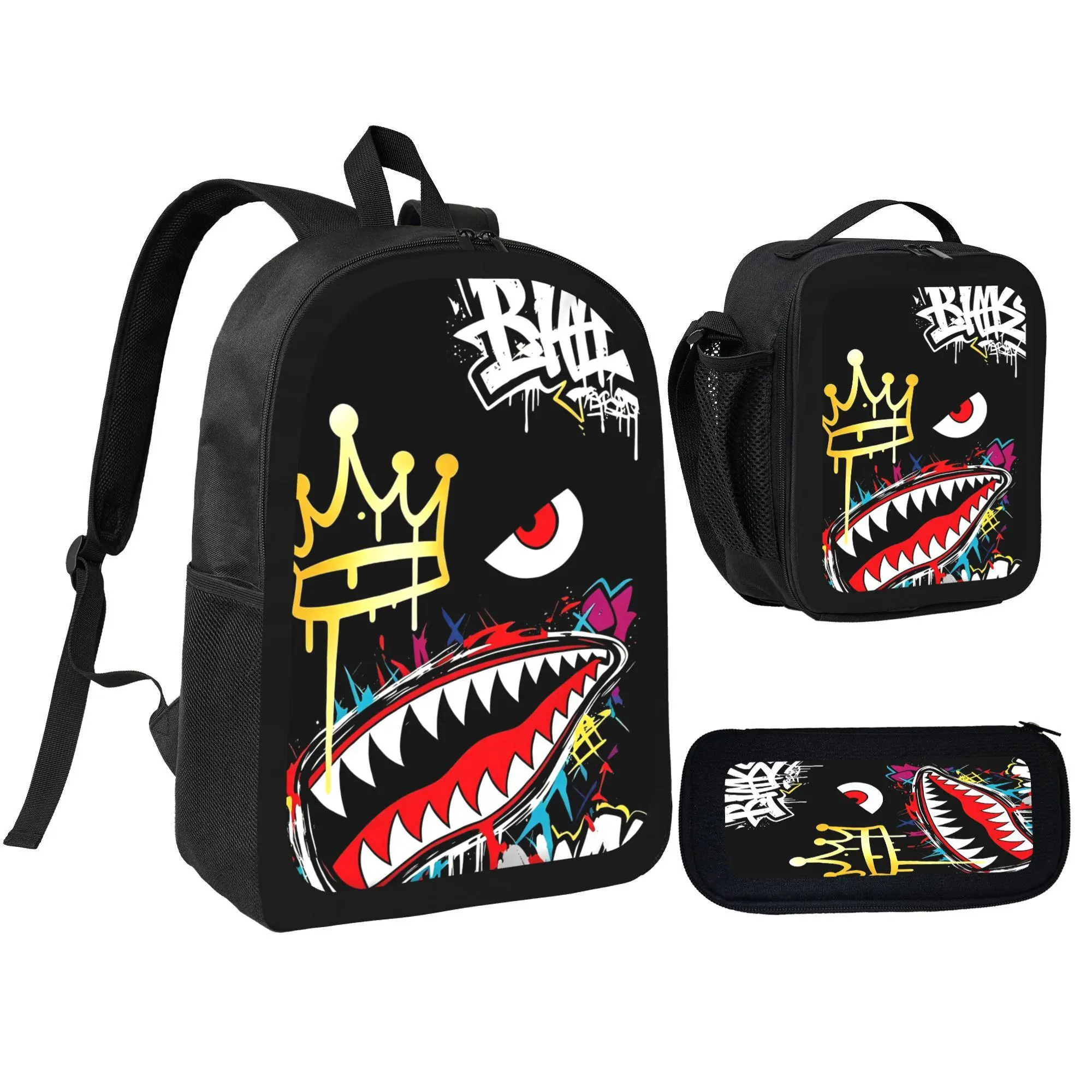 Street Graffiti Shark Mouth Crown Print 3 In 1 Backpack Set Polyester Large Capacity Bookbag With Lunch Bag And Pencil Case Lightweight Travel Daypack Trendy Fan Gift
