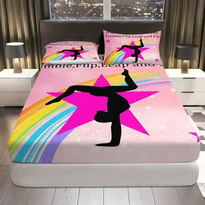 3Pcs Gymnastics Star Rainbow Fitted Sheet Three Piece Set (1*Fitted Sheet+2*Pillowcases, Coreless), Athletic theme, Colorful Bedding Set, Mattress protector Soft, Breathable
