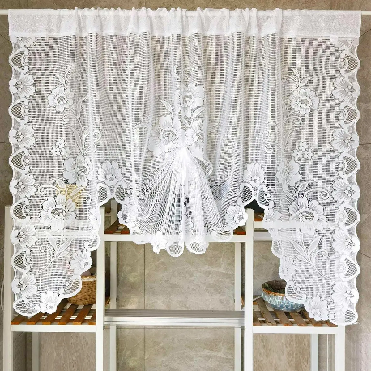 1pc Vintage Lace Floral Curtain with Decorative Wavy Edges, Perfect for Kitchen & Bathroom, Elegant Soft Furnishing for Small Spaces, Window Curtain
