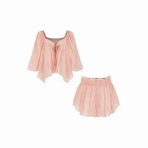 Cider Square Neckline Lace Trim Drawstring Top & Shorts Loungewear Set